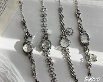 Vintage zilveren polshorloge voor vrouw, elegante horlogearmband, Y2K schattige bedelarmband, horloge-sieraden met bloemenwijzerplaat, parelpolshorloge cadeau