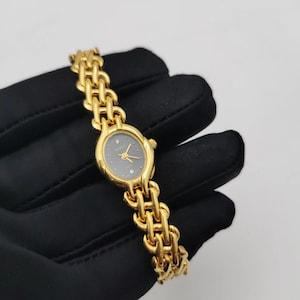 Vintage Goldarmband schwarzes Zifferblatt Armbanduhr, antike Goldarmbanduhr, elegante Armbanduhr, vergoldete Uhr, einzigartige Uhr Geschenk für sie