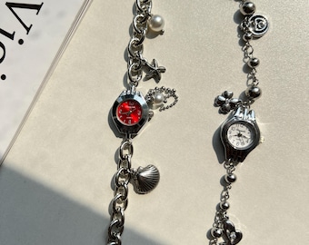 Elegant Heart Charm Wrist Watch,Red Dial Silver Watch Bracelet,Y2K Charm Watch,Cute Watch Jewelry,Exquisite Watch Gift,Dainty Small Watch
