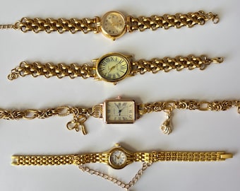 Handmade Gold Wrist Watch Woman, Trendy Watch Bracelet, Minimalist Women&#39;s Wrist Watch, Elegant Gold Watch Gift, Unique Gold Charm Watch