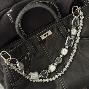 Punk black and white watch bag accessory,silver watch purse strap,unique watch chunky pants chain, grunge bag strap, smile face pants chain