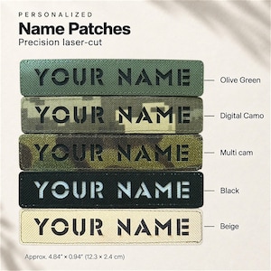 May include: Five rectangular personalised name patches with precision laser-cut text reading YOUR NAME. The patches are available in olive green, digital camo, multi cam, black, and beige. Each patch measures approximately 12.3 cm by 2.4 cm.