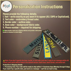 Pode incluir: A imagem apresenta patches personalizados com textos como "Martyr" e "Turtleback". S&atilde;o exibidas instru&ccedil;&otilde;es de personaliza&ccedil;&atilde;o, incluindo texto, cor da linha, cor da borda e cor da base. Os patches s&atilde;o de v&aacute;rias cores, com um patch amarelo e azul em destaque.