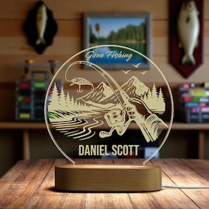 Unique Fishing Gift - Desk Lamp, Fisherman Gift - Led NightLight for Dad or Grandpa, Man Cave Light - Fishermen Custom Led Lamp, Angler Gift
