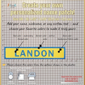 Pode incluir: Um patch de nome personalizado com o nome "LANDON" bordado em azul sobre um fundo amarelo, com uma borda azul. Mede 12,5 cm x 2,5 cm (4,92" x 0,98"). Op&ccedil;&otilde;es de fixa&ccedil;&atilde;o: velcro, costurar e passar a ferro.