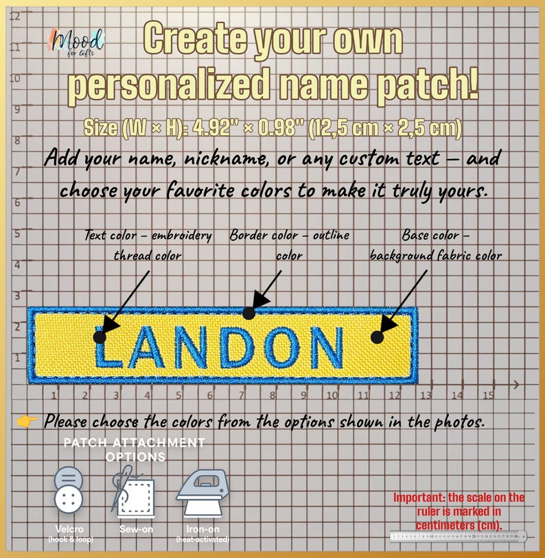 Pode incluir: Um patch de nome personalizado com o nome "LANDON" bordado em azul sobre um fundo amarelo, com uma borda azul. Mede 12,5 cm x 2,5 cm (4,92" x 0,98"). Op&ccedil;&otilde;es de fixa&ccedil;&atilde;o: velcro, costurar e passar a ferro.