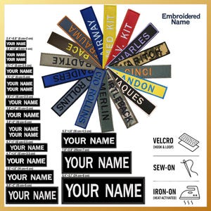 Puede incluir: Una colección de parches bordados con nombres en varios colores y tamaños. Los parches incluyen textos como "YOUR NAME", "MED KIT" y "AIRWAY". La imagen también muestra opciones para velcro, coser y planchar.