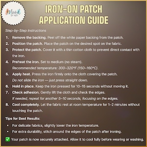 Pode incluir: Um guia de aplica&ccedil;&atilde;o de patch de ferro com instru&ccedil;&otilde;es passo a passo. O guia inclui instru&ccedil;&otilde;es sobre como remover o suporte, posicionar o patch, proteger o patch, pr&eacute;-aquecer o ferro, aplicar calor, manter no lugar, verificar a ades&atilde;o e resfriar.