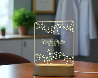 Plaque signalétique de bureau génétique gravée - Cadeau unique pour mentor ou collègue, lampe de bureau de généticien - Décoration LED pour bureau scientifique ou médical, ADN