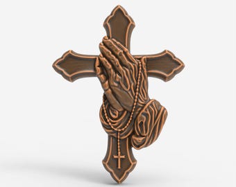 Praying Hands & Cross STL File Christian Wall Art Relief 3D Model for CNC Wood Carving 3D Printing
