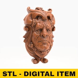 Puede incluir: Una talla de madera marrón detallada de un hombre con el rostro severo y detalles foliares ornamentados. La talla tiene un estilo clásico, con una nariz prominente y cejas fruncidas. El texto "STL - DIGITAL ITEM" se muestra en una barra amarilla en la parte inferior.