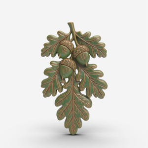 May include: A detailed depiction of oak leaves and acorns. The leaves are a vibrant green with brown detailing, and the acorns are a matching green. The design is likely made of metal or a similar material.