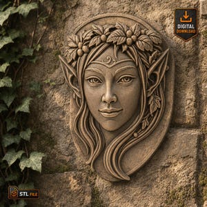 Elf Woman Relief STL File for CNC or 3D Printing Fantasy Woodland Maiden with Leaf Crown High-Detail Wall Art Sculpture Digital Fairy Design
