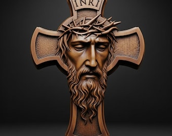 Jesus Cross STL File 3D Model Crucifix with Crown of Thorns INRI Relief for CNC Carving Laser Engraving 3D Printing Christian Wall Art