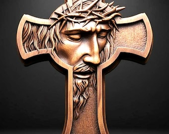 Jesus Cross STL File 3D Model with Crown of Thorns INRI Relief for CNC Carving Laser Engraving 3D Printing Christian Wall Art Download