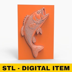 STL File For CNC Router 3D Printer Laser Personalized Bass Fish Leaping Jumping Fish Fishing Wall Art Bas Relief - Flat Back