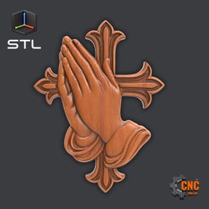 Praying Hands Cross Relief Religious Medallion Pendant Sculpture STL File Christian Wall Art 3D Model for CNC Router 3D Printing Laser