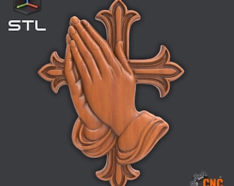 Praying Hands Cross Relief Religious Medallion Pendant Sculpture STL File Christian Wall Art 3D Model for CNC Router 3D Printing Laser