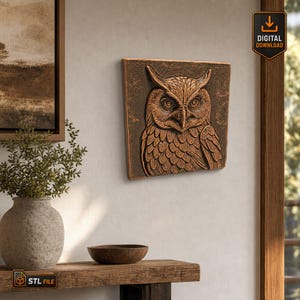 Wall Hanging Owl Plaque STL File Animal Bird Sculpture Forest Wildlife Nature Inspired Art For CNC or 3d Printer
