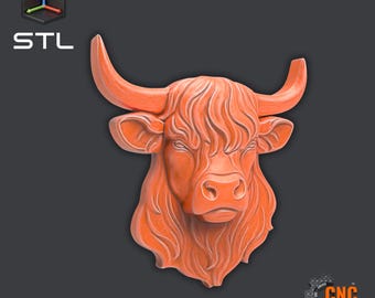 Highland Cow STL File Longhorn Bull Head Relief for CNC or 3D Printing Rustic Farmhouse Animal Wall Art Digital Model
