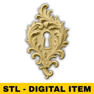 May include: A beige, ornate keyhole escutcheon with a floral and scroll design. The keyhole is centered within the design. The words "STL - DIGITAL ITEM" are in a yellow banner at the bottom.