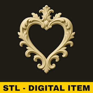 May include: A decorative, heart-shaped, cream-colored frame with ornate, swirling details. The frame is set against a dark background. The text "STL - DIGITAL ITEM" is displayed in a yellow banner at the bottom.