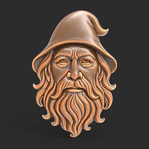 May include: A detailed, bronze-colored relief sculpture of a wizard's face. The wizard wears a pointed hat and has a long, flowing beard. The sculpture is set against a dark background, highlighting the intricate details of the face.