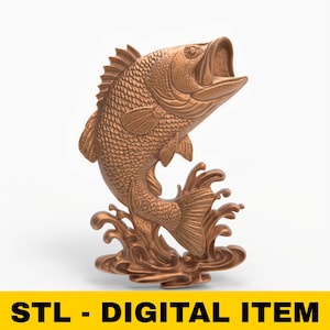 STL File For CNC Router 3D Printer Laser Personalized Bass Fish Leaping Jumping Fish Sculpture Fishing Wall Art Splash Relief Outdoor Lodge