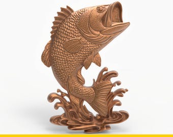 STL File For CNC Router 3D Printer Laser Personalized Bass Fish Leaping Jumping Fish Sculpture Fishing Wall Art Splash Relief Outdoor Lodge