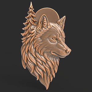 May include: A detailed, bronze-colored relief sculpture of a wolf's head, with a pine tree and a sun or moon shape in the background. The wolf is depicted in profile, with intricate fur detailing. The sculpture is likely a decorative item.