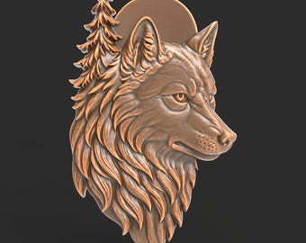 Wolf hoofd reliëf STL-bestand voor CNC-snijwerk 3D-printen Bos dierenkunst met pijnbomen en zon bospaneel voor lasergravure decor