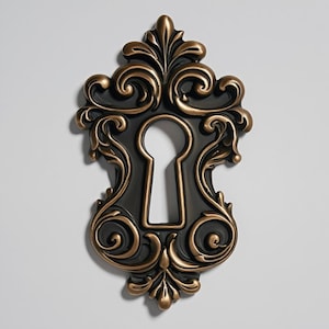 以下が含まれることがあります： 黒と金の装飾的なアンティークスタイルの鍵穴カバー。 鍵穴は、詳細な渦巻き模様の花と葉のデザインに囲まれた、クラシックな涙の形をしています。 金属細工は、ヴィンテージで古びた外観をしています。