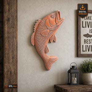STL File For CNC Router 3D Printer Laser Personalized Bass Fish Leaping Jumping Fish Fishing Wall Art Bas Relief - Flat Back