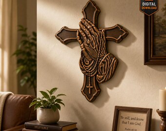 Praying Hands & Cross STL File Christian Wall Art Relief 3D Model for CNC Wood Carving 3D Printing