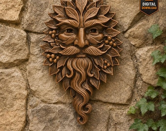 Archivo STL de hombre verde con diseño de barba y cara de hoja para tallado CNC, impresión 3D, arte de pared pagano, decoración de jardín, escultura de resina fundida en relieve.