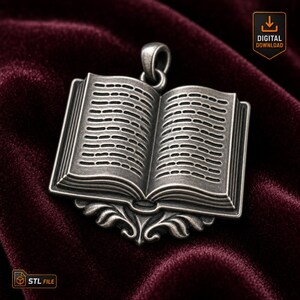 Pingente em miniatura de livro vintage ornamentado, modelo 3D, livro aberto, presente para amantes, design para CNC, laser, miniatura, livro, STL, joalheria, presente para leitor