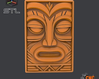 Tiki Mask STL Model – Tribal Face Relief Panel for CNC Carving and 3D Printing – Tropical Wall Art or Polynesian Decor