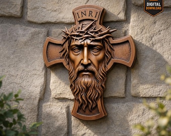Jesus Cross STL File 3D Model Crucifix with Crown of Thorns INRI Relief for CNC Carving Laser Engraving 3D Printing Christian Wall Art
