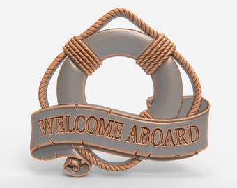 Welcome Aboard Life Ring STL File for CNC Carving 3D Printing Nautical Wall Art Relief Plaque Sign Model Coastal Beach Home Decor Design