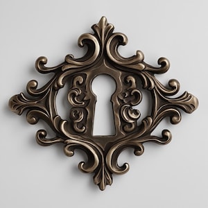 以下が含まれることがあります： ブロンズ色の装飾的な鍵穴カバー。中央に鍵穴があり、複雑な渦巻き模様と装飾が施されています。金属は暗く、古びた仕上がりで、ヴィンテージスタイルを連想させます。 全体的な形状は菱形です。