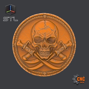 May include: A 3D printed, orange-colored, skull and crossbones design. The skull has a cracked texture and the crossbones are made of two swords. The design is surrounded by a rope border.