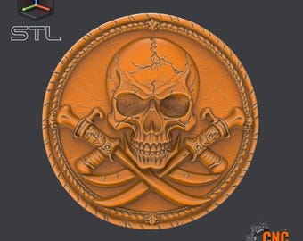 Pirate Skull Round Coin Pendant STL Model Crossed Swords Medallion Relief for CNC and 3D Printing – Nautical Wall Art or Pirate Decor