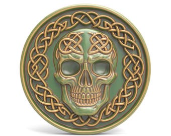 Arquivo STL de caveira com nó celta, redondo, relevo 3D, intrincado nó celta, modelo de escultura CNC, moeda de caveira celta, arquivos STL para impressora 3D, arquivo a laser