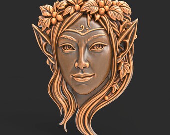 Elf Woman Relief STL File for CNC or 3D Printing Fantasy Woodland Maiden with Leaf Crown High-Detail Wall Art Sculpture Digital Fairy Design