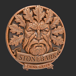 Green Man Stonebark Earth Elemental Round Plaque Scroll Banner Think Green Collection STL File Model for Wood 3D Printer Laser Engraving