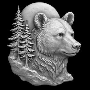 Archivo STL: Modelo 3D de un oso en alto relieve con temática de bosque, luna y pinos. Escultura lista para impresión 3D CNC. Archivos STL para arte mural. Descarga digital.