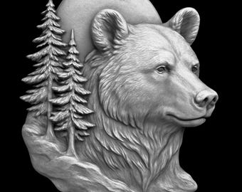 クマのSTLファイル3Dモデル高浮き彫りの森をテーマにした彫刻（月と松の木付き）-CNC 3Dプリント対応壁アートSTLファイルデジタルダウンロード