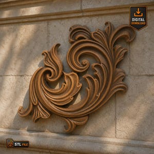 Baroque Acanthus Scroll Relief STL File for CNC Carving 3D Printing Ornamental Corner Applique Digital Model Furniture Trim Wall Decor