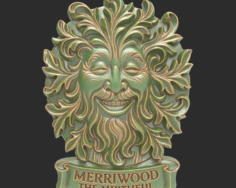 Green Man Merriwood – The Mirthful GreenMan Pagan Wall Plaque With Scroll Banner Think Green Collection STL File Model for Wood 3D Printer