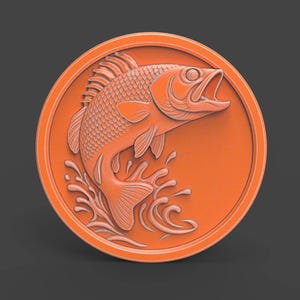 Leaping Bass Fish Coin Medallion Jumping Fish Fishing Wall Art Water Splash Relief Outdoor Lodge STL File For CNC Router 3D Printer Laser